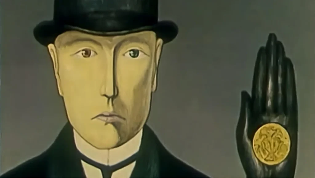 The man in the bowler hat and the hand holding the golden medallion from the film The Glass Harmonica, animation by Andrei Khrzhanovsky.