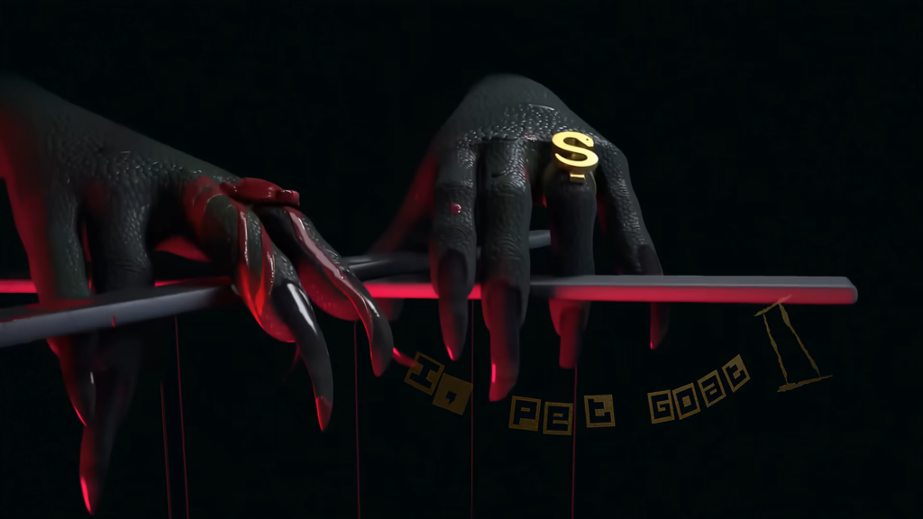 Diabolic hand holding puppet, a scene from I pet goat II animation