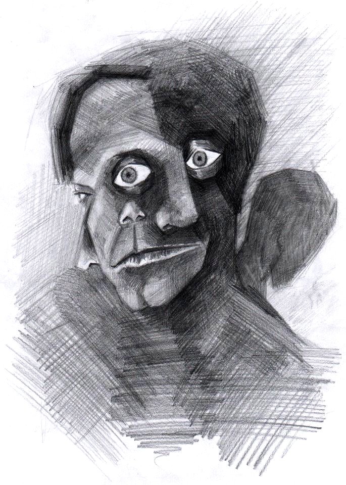 A pencil drawing by Semih Akgül, depicting figures with large eyes and asymmetrical faces, is shown in the Eastern European animation section.