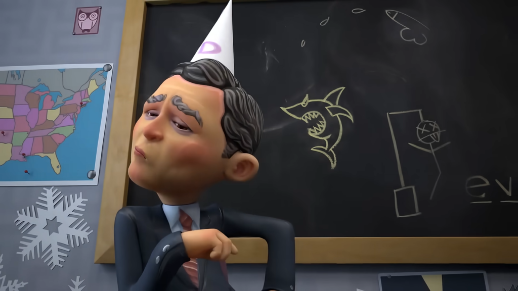 Parti şapkalı karikatür karakter, arkasında ABD haritası ve kara tahta bulunan sınıf ortamında