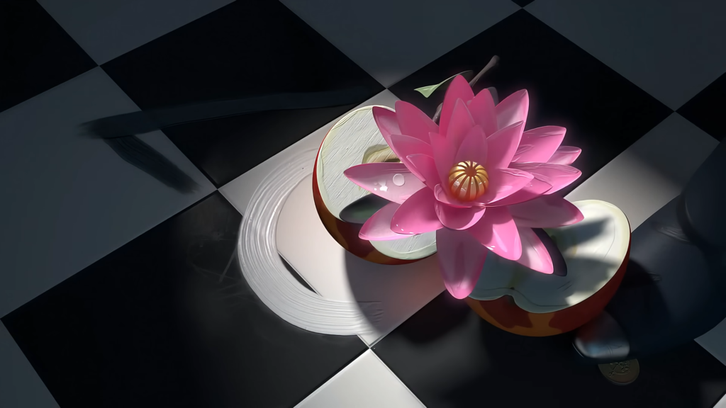 Dama desenli parlak zeminde duran, gerçekçi 3D render pembe lotus çiçeği