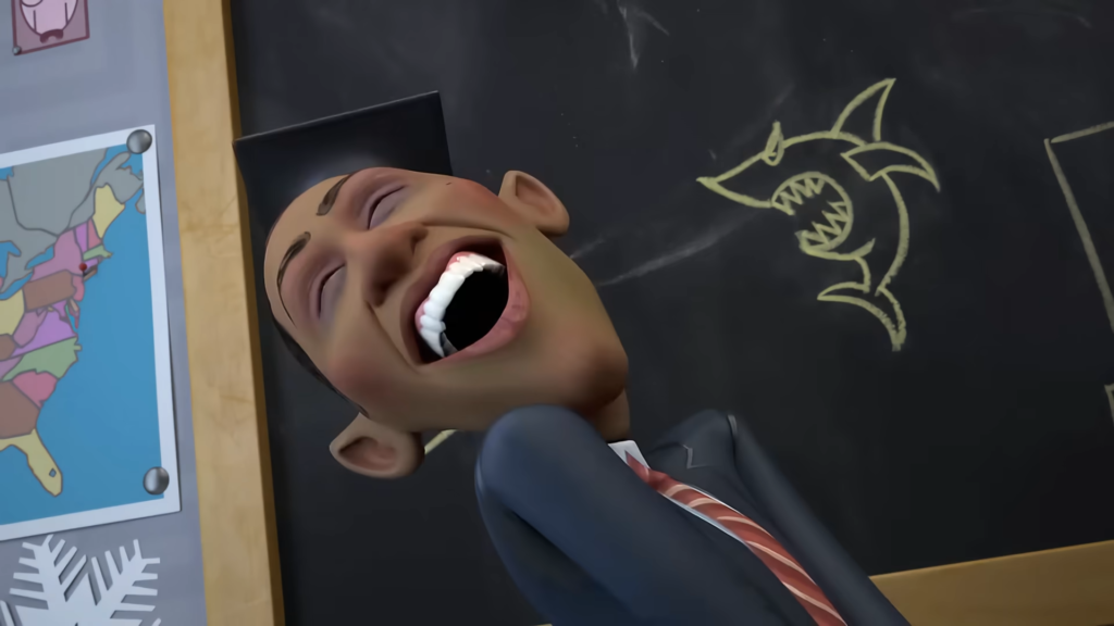 Ağzı açık, gülen veya bağıran ifadeli koyu tenli karikatür karakter, kara tahta önünde